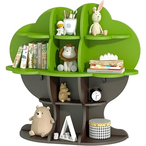 Tree Kids Bookshelf Toddler Bookcase 4-Tier Baby Book Rack Children Toy Storage Organizer Wood Display Shelf for Nursery Playroom Bedroom Classroom School Homeschooling Boy Girl’s Gift (green tree)