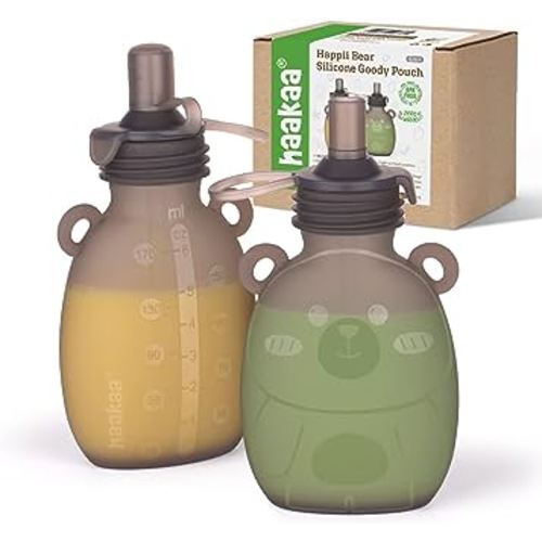 haakaa Happii Bear Silicone Goody Pouch,Reusable Baby Food Pouches for Homemade Organic Purees, Juices, Smoothies, and Yogurt - Perfect for Toddlers and Kids - 2 Pack, 6oz