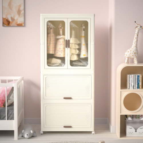 Portable Wardrobe Closet Storage Organizer for Clothing, Clothes Dresser, Magnetic Doors with 4 Cubes and Hanging Rod, 10 Pieces of Hangers, Baby Wardrobe Storage Cabinet, White