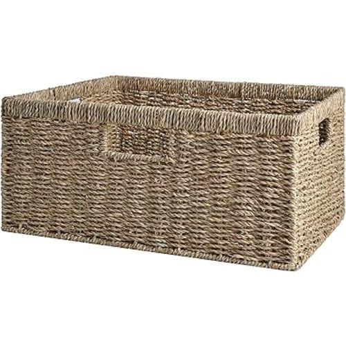 StorageWorks Jumbo Wicker Basket for Orgainzing, Seagrass Storage Basket with Built-in Handles, Handwoven Wicker Basket for Blanket, 1 Pack