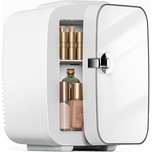 Sweetcrispy Mini Fridge, Portable Small Refrigerator 4L/6 Can Cooler & Warmer Compact Fridges for SkinCare, Food and Drinks, Bedroom, Dorm, Car, Office, White