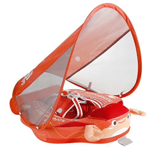 Mambobaby Float Add Tail Baby Swim Float with Canopy Solid Pool Infant Swim Trainer Swimming Training Lying Air Free Water Floats Non-Inflatable Waist Swim Ring for Toddlers (Crab)