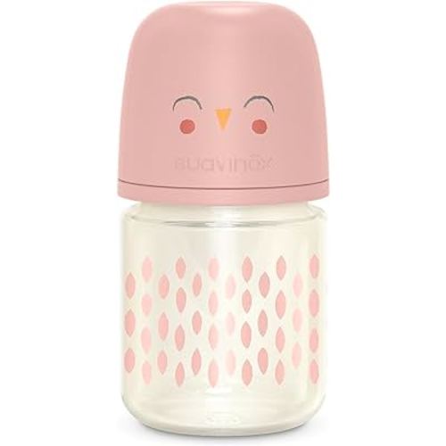Suavinex Bonhomia Glass Baby Bottle with SX PRO Silicone Nipple, Anti Colic Baby Bottles, Baby Bottles for Breastfed Babies, Slow Flow, 0mo, 4oz, Pink