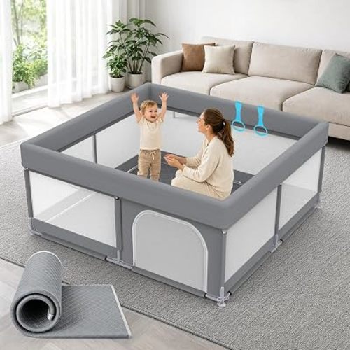 47x47 Baby Playpen with Mat - Grey Play Yard for Babies and Toddlers - Indoor & Outdoor Soft Mesh Safety Fence with Pull Up Rings & External Zipper Door