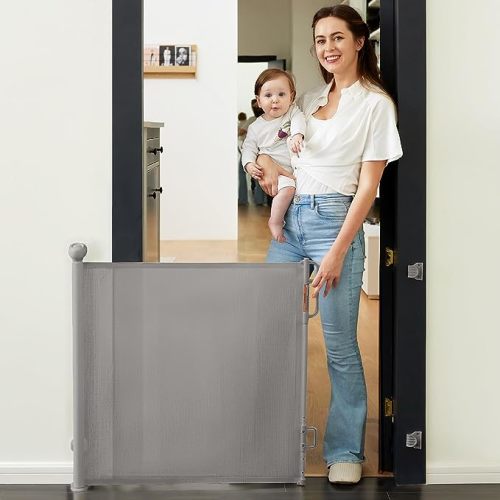 Momcozy Auto Lock Retractable Baby Gate, Safety Gate for Baby and Pet, 33” Tall, Extends to 55” Wide, Mesh Safety Dog Gate for Stairs, Indoor, Outdoor, Doorways, Hallways - Gray - 33" Tall x 55" Wide