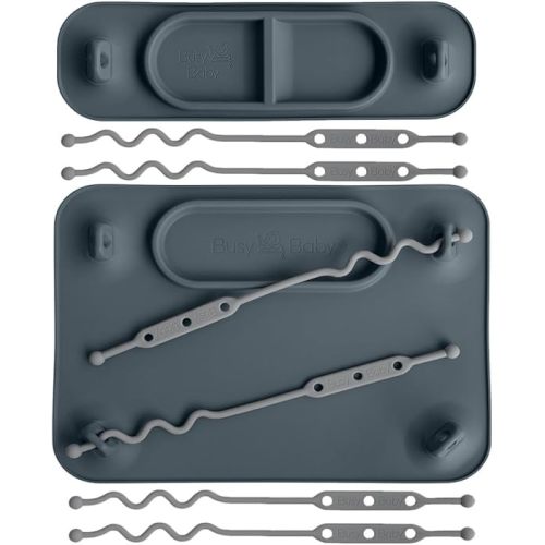 BUSY BABY Silicone Mat Bundle - 1 Original Mat Plus 1 Mini Mat, New Stronger Suction Cups, 6 Straps to Secure Baby Essentials and Keep Them Off The Floor, Baby Led Weaning, Wet Bag Included (Pewter)