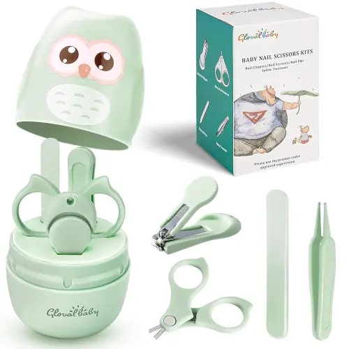 Baby Nail Kit, Baby Manicure Kit and Pedicure with Cute Owl Shape Case. Baby Nail Clipper, Scissor, Nail File & Tweezer for Newborn, Infant & Toddler, Mothers Day Gifts(Green)