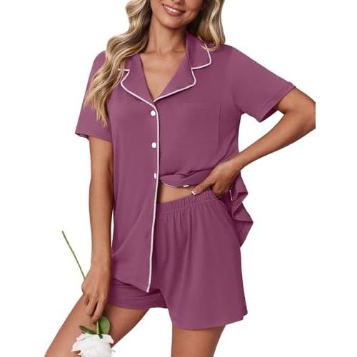 Ekouaer Pajamas Set for Women 2 Piece Pjs Short Sleeve Sleepwear Button Down Lounge Shorts Sets S-XXL