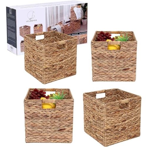 JCLD&YO9 Foldable Handwoven Water Hyacinth Storage Baskets Wicker Cube Baskets Rectangular Laundry Organizer Totes,Set of 4 Pcs,12x12x12inch