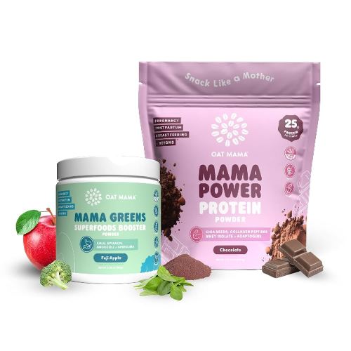 Oat Mama New Mom Postpartum Superfood Bundle – Chocolate Mama Power Protein Powder & Superfood Greens Powder - All-Natural Ingredients - Complete Nutrition for Postpartum, Lactation & Prenatal Moms