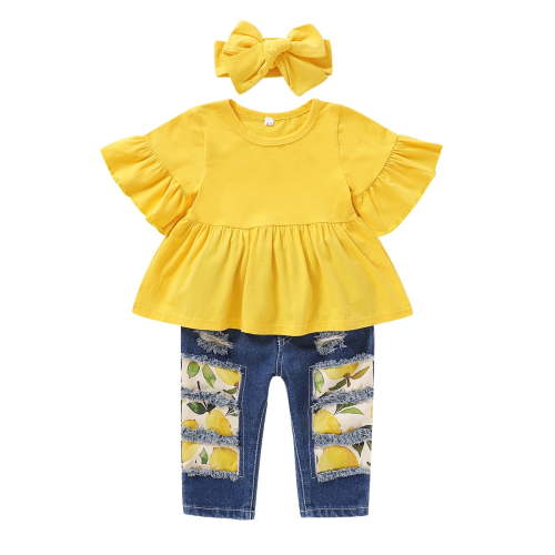 NZRVAWS Baby Girls Outfits Solid Color Pagoda Sleeve Top+Lemon Print Ripped Jeans+Headband 3PCS Clothes Set Yellow 18-24 Months
