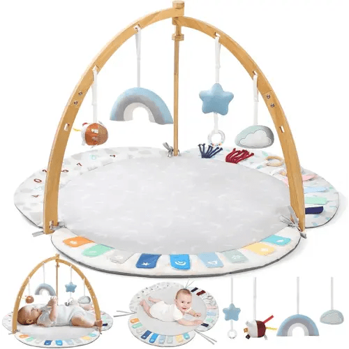 EXIN DECHEN Baby Play Gym & Activity Mat,Natural Organic Bamboo Frame with 4 Detachable Sensory Toys,Tummy Time Mat,Play Mat for Babies 0-6 Months,Newborn Play Mat,Baby Essentials Gifts