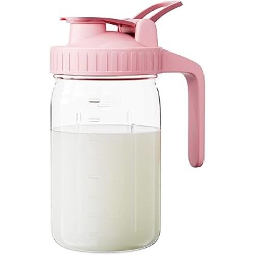 Breast Milk Pitcher, Mason Jar 32 oz, Heavy Duty Wide Mouth Jar with Pink Flip Cap Lid and Pour Spout, Airtight Seal for Freshness and Convenience, Great for Cold Beverages and Home Entertaining