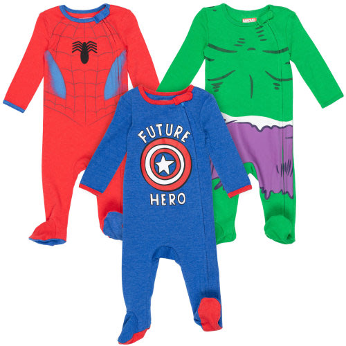 Marvel Avengers Newborn Baby Boys 3 Pack Zip-Up Long Sleeve Sleep N' Play Coveralls 3-6 Months