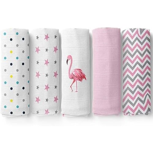 haus & kinder Muslin Swaddles for Newborns, Pack of 5 Super Soft & Skin-Safe Cotton Baby Swaddle Blanket, Receiving Blankets for Boys & Girls (Pink Edition)