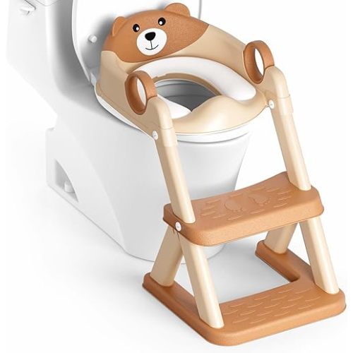 Potty Training Seat, Upgrade Toddler Toilet Seat for Kids Boys Girls, 2 in 1 Potty Training Toilet for Kids, Splash Guard Anti-Slip Pad Step Stool(Brown)