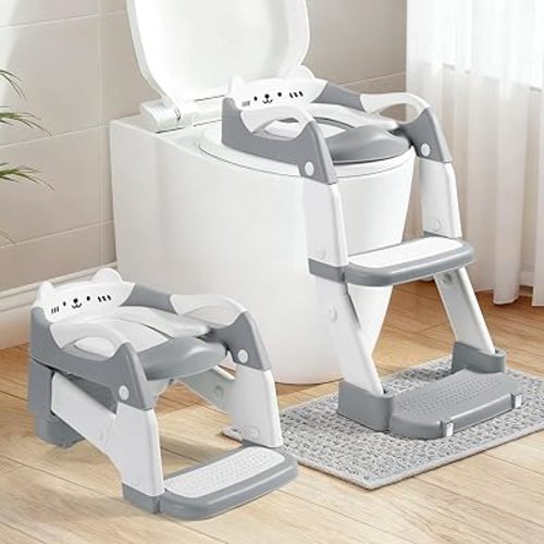 Orzbow Potty Training Seat, Toddler Toilet Seat with Step Stool Ladder, 2-in-1 Toddler Potty Training Toilet Chair for Kids Boys Girls - 5-Level Adjustable Height | Splash Guard | Anti Slip Pad, Grey