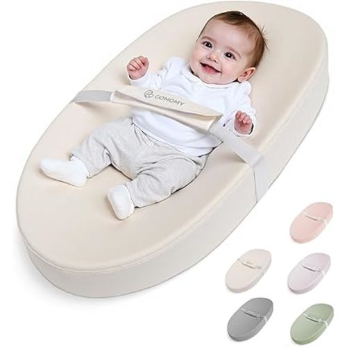 COMOMY Baby Changing Pad with Wipeable & Waterproof PU Cover, Contoured Diaper Changing Pad for Dresser with Non-Slip Safety Belt, Portable and Lightweight, Large Cushioned Foam, Beige