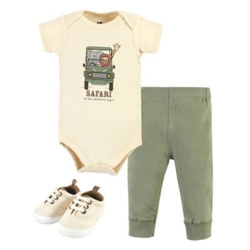 3-6 months Hudson Baby Infant Boy Cotton Bodysuit, Pant and Shoe Set, Going On Safari Short Sleeve, Newborn