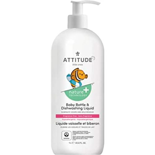 ATTITUDE Baby Bottle and Dishwashing Liquid, EWG Verified, No Added Dyes or Fragrances, Tough on Milk Residue and Grease, Vegan and Cruelty-free, Unscented, 33.8 Fl Oz