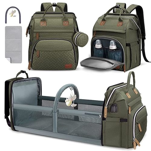 DERJUNSTAR Diaper Bag Backpack, Large Baby Bag with Changing Pad, Thick Padded Back & Straps, Laptop Compartment, Waterproof Travel Backpack with USB Port, Multi-Function for Mom & Dad, Army Green