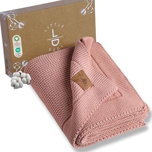 100% Organic Cotton Baby Knitted Blanket with Gift Box - Soft Toddler, Crib, Stroller Blanket - Neutral Swaddle and Receiving Blanket for Newborns, 30"x40", Pink