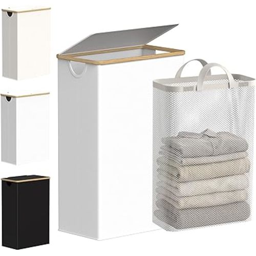 efluky Slim Laundry Basket with Lid, Narrow Laundry Hamper with Removable Bag, Skinny Dirty Clothes Basket with Bamboo Handles for Bathroom, Bedroom & Laundry Room, 75L White
