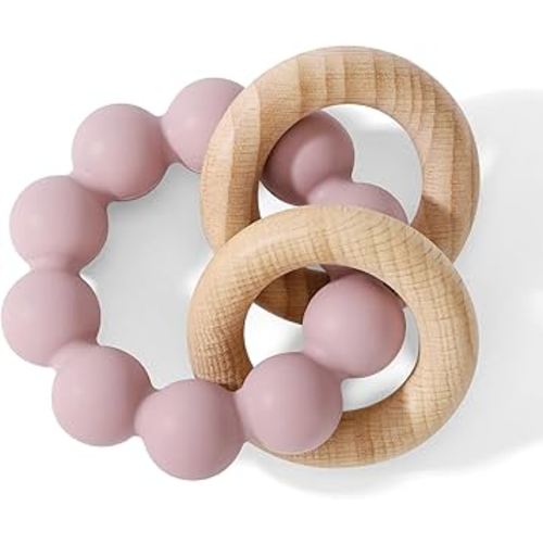 Socub Baby Teething Toys for 0-6 6-12 Months- BPA-Free Food-Grade Silicone & Natural Beech Wood Teether Ring for Newborn Infants Teething Relief- Easy-Grip Sensory Rattle Toys(Dusty Lilac)