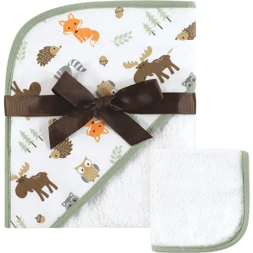 Hudson Baby Unisex Baby Cotton Hooded Towel and Washcloth, Woodland, One Size