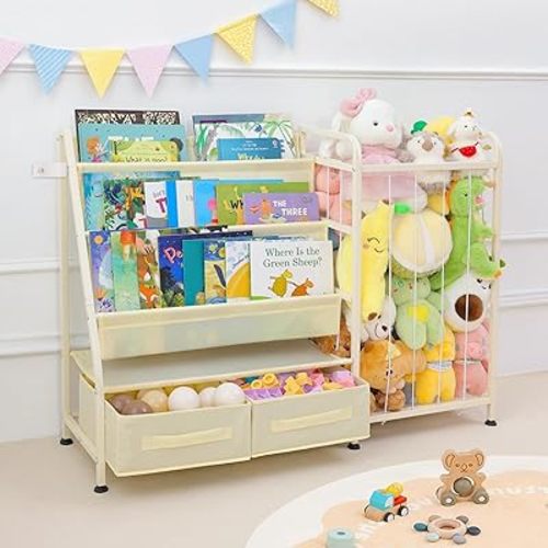 Fabuday Kids Bookshelf and Toy Storage Organizer - 3 Tiers Large Toddler Baby Sling Book Shelves for Kids Room，Montessori Childrens Bookcase with Stuffed Animal Storage for Nursery, Playroom, Bedroom