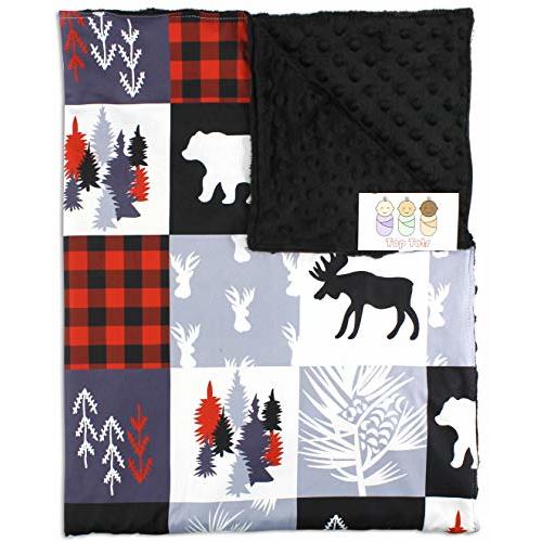 Top Tots Baby Blanket - Minky, Moose, Bear, Deer Heads, Trees and Vines, Red and Black Plaid with White and Gray
