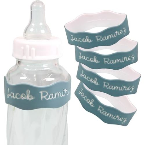 InchBug Orbit Labels - Baby Bottle Name Labels for Daycare, Sippy Cup Bands - Engraved Silicone, Reusable, Dishwasher Safe, White Contrasting Personalization, 4-Pack (Seagrass Green)