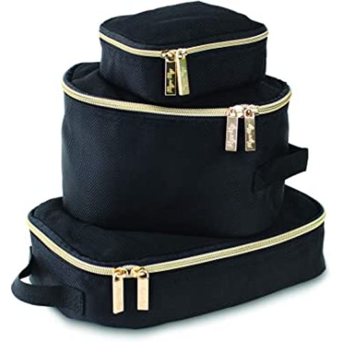 Itzy Ritzy Packing Cubes for Travel – Set of 3 Packing Cubes or Travel Organizers; Each Travel Cube Features a Mesh Top, Double Zippers and a Fabric Handle (Black with Gold Hardware)