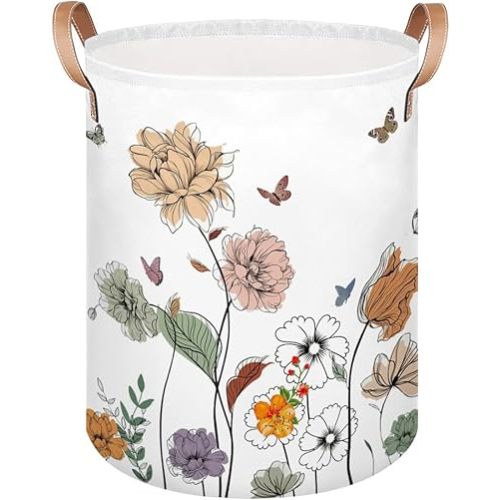 Laundry Basket, Simple Wildflower Floral Laundry Hamper with Handle, Dirty Clothes Hamper for Bedroom Living Room, Baby Hamper for Nursery