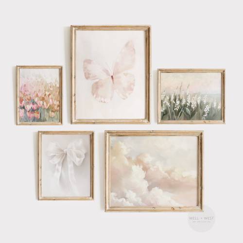 Coquette Wall Art Set of Five | Wildflower Field Vintage Painting | Pink Butterfly Print | Girl Nursery Printable | Pastel Floral Art | PS16