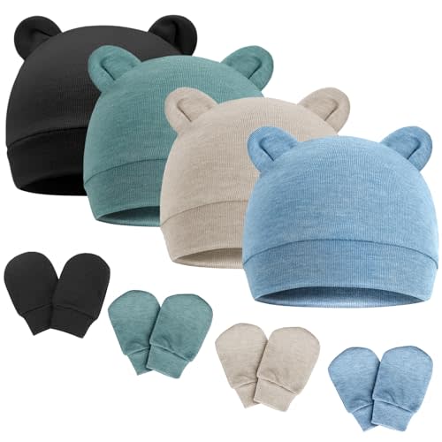 BQUBO Newborn Baby Bear Ears Hats and Mittens Sets Preemie Cotton Caps Baby Boy Girl Infant Hospital Beanie