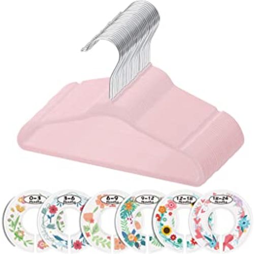 Minnebaby Velvet Baby Hangers, Baby's Closet Clothes Hangers with 6 Pcs Clothing Size Dividers, Non-Slip Closet Baby Clothes Hanger for Infant Toddler Girls & Boys, Pack of 30, Pink