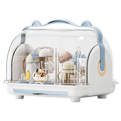 Falleo Clearance Baby Bottle Storage Box with Lid Dustproof Drying Rack Plastic Cabinet Organizer for Toddler Tablewares Blue