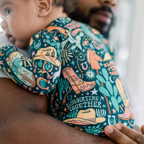 Wild West | Bamboo Footie Onesie Sleeper | "I Love Our Time Together" | Thermo-Regulating, Double Zipper, 4-Way Stretch | Raising Mama