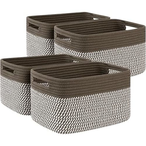 4 Pack Storage Baskets for Organizing, Woven Baskets for Shelves - Perfect for Toys, Books, Towels, and Clothes, Durable Gift Basket Bins Toy Storage, 12.7''Lx9''Wx7.8''H, Green & White
