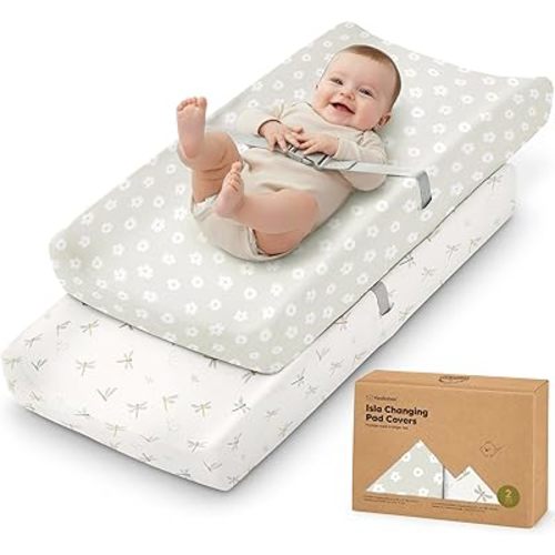 2-Pack Baby Changing Pad Cover for Girl, Boy - 34x18 Soft Viscose Derived from Bamboo Baby Diaper Changing Table Pad Cover Sheets, Neutral, Snug Fit Nursery Diaper Change Sheets (Meadow)