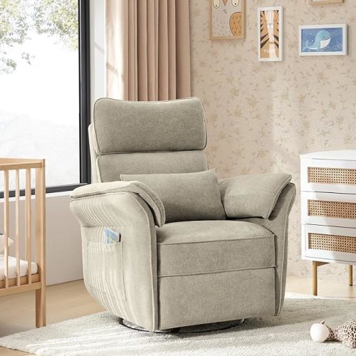 HULALA HOME Nursery Glider Recliner with Adjustable Headrest and Armrests, Power Swivel Rocker Recliner Chair with USB Port and Storage Bags, GREENGARD, FSC, CertiPUR-US® Certified, Otameal