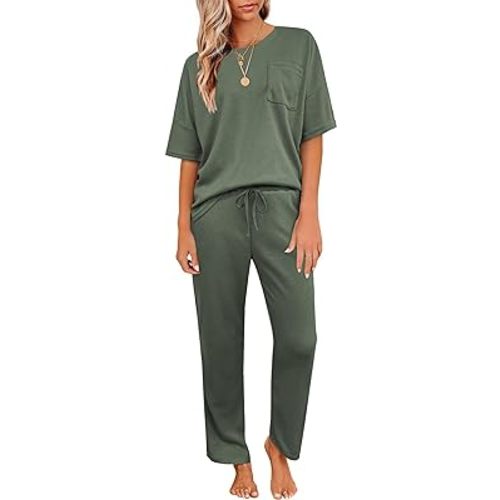 Womens Pajama Sets Waffle Knit Short Sleeve Shirt with Long Pajama Pants Soft Sleepwear Pj Lounge Sets
