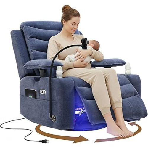 Olela Power Glider Recliner Nursery Chair, Swivel Rocking Chair with Electric Lumbar Support, USB Charging, Smart Cup Holder, Light, Adjustable Armrest, Wireless Phone Charger Holder, Chenille
