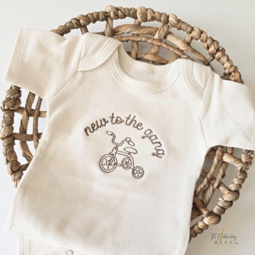 Embroidered New to the Gang ONESIES® brand, Surprise to Family, Friends, Pregnancy Announcement ONESIES® brand, Biker Bodysuit, P12