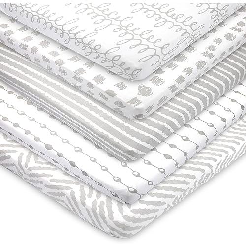 5-Pack Mini Crib Sheets, Fitted GOTS Certified Organic Cotton Pack N Play Sheets for Pack and Play Mattresses, Playard Baby Crib Sheets, Cool Grey