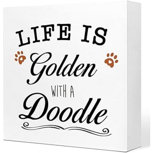 Life is Golden With a Doodle Wooden Sign Desk Decor,Rustic Pet Wood Block Sign Desk Decorations for Dog Mom Home Bedroom Living Room Girls Room Shelf Table Decor Gifts