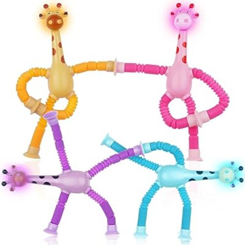 LED Telescopic Suction Cup Giraffe Toy, 4 Pieces Novel Kids Suction Cup Toys, Funny Fidget Toys, Pop Tubes Sensory Toys for Kids, Decompress Educational Sensory Toys for Kids & Adult