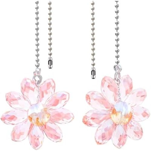 Ceiling Fan Pull Chain Set - 2 Piece Crystal Glass Sunflower Pattern Extension Pendant with 24" Ceiling Fan Chain Extender and Connector (Sakura Pink)