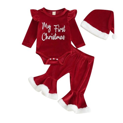 Twopumpkin My First Christmas Baby Girl Outfit Santa Clark Onesie+Flare pants+Headband Newborn 1st Christmas Clothes